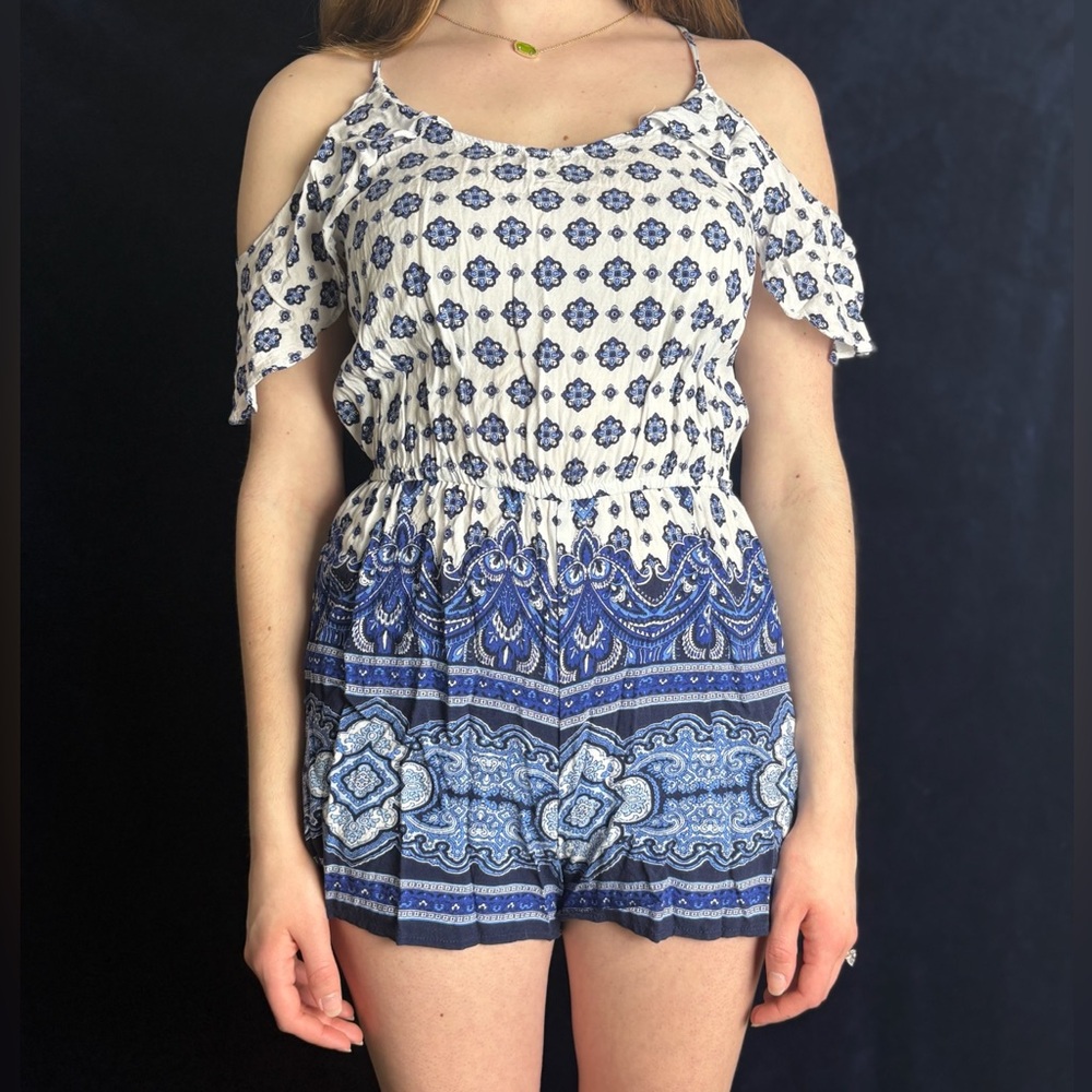Blue and White Patterned Romper